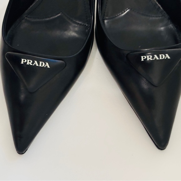 PRADA Pointy Black Pointed SlingBack With Logo Triangle Accent Size 37.5 - Picture 8 of 11